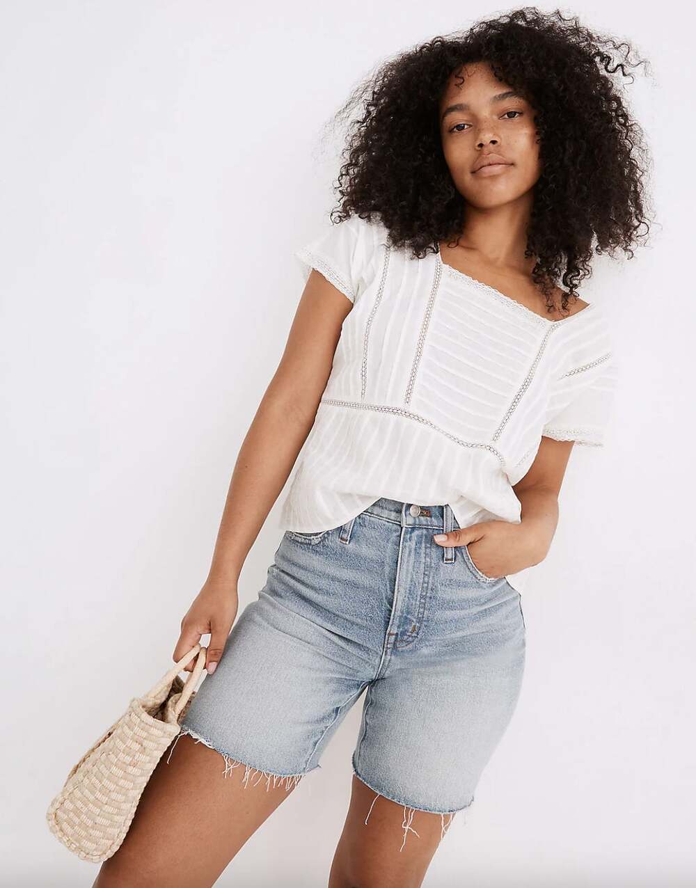 Madewell High Rise Mid Length Denim Shorts Woodvale Wash Size 23 Raw Hem